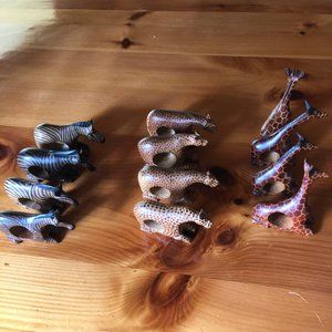 Vintage Hand Carved Wooden African Animal Napkin Ring Holders Kenya Set of 12